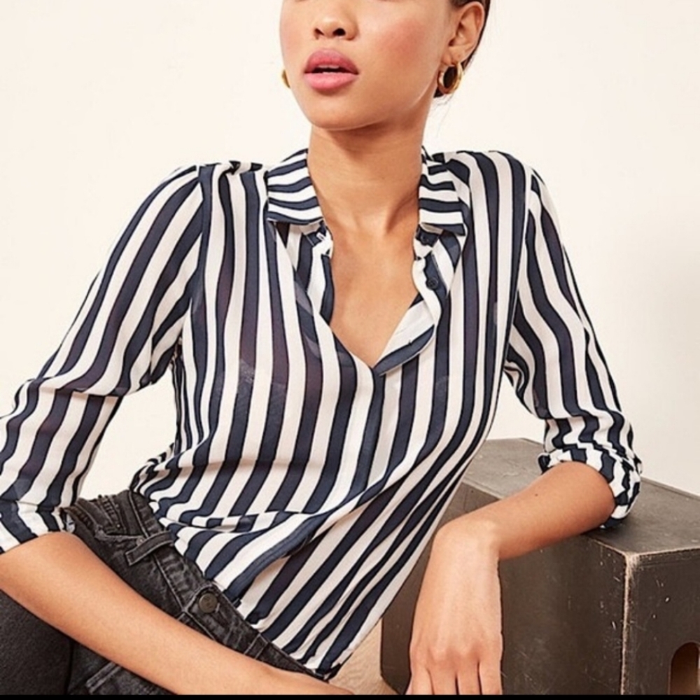 Reformation XS Button Down Blouse Striped Navy White Viscose Violet Genoa